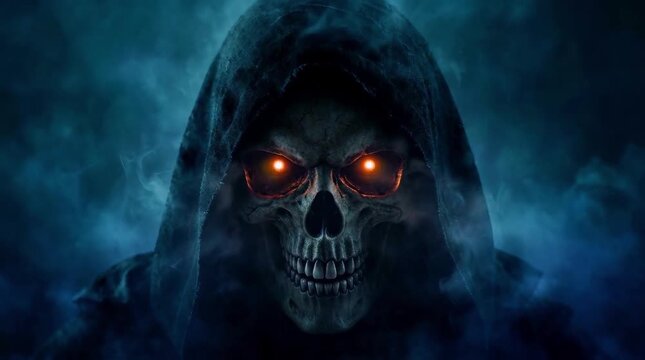 Grim Reaper Skull with Glowing Eyes Stares Intensely in Dark Smoky Environment Cinematic Horror Concept
