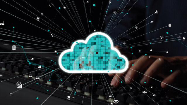 Visual representation of cloud computing with data connections radiating from a central cloud. Features hands typing on a keyboard, symbolizing modern technology in action. Xenic