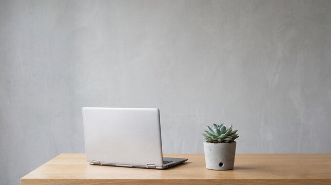 Modern minimalist desk setup with a silver laptop and a succulent plant on a wooden surface against a textured gray wall