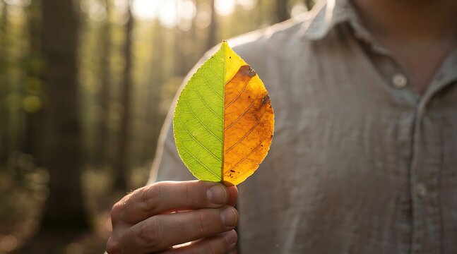 Holding a split tree leaf in a sunlit forest reveals the clear visual contrast between fresh green summer growth and dry brown autumn decay.