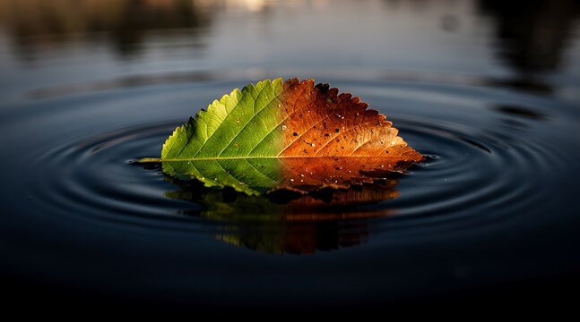 Dual-colored leaf displaying half green summer foliage and half brown autumn decay floats gently, sending circular ripples across dark water.