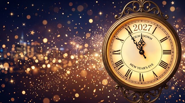 New Year's Eve Countdown Clock Showing Year 2027 with Festive Bokeh Background