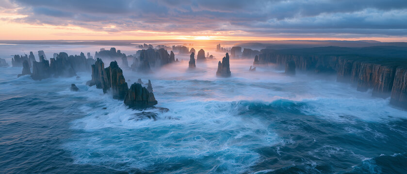hundreds of monumental sea stacks rising from a violent ocean along an ancient eroded coastline, towering stone pillars disappearing into atmospheric mist.