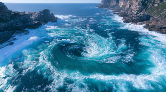extreme aerial view of a powerful natural ocean whirlpool forming between rugged rocky islands, enormous circular currents visible across deep blue water, white foam tracing complex spiral patterns.