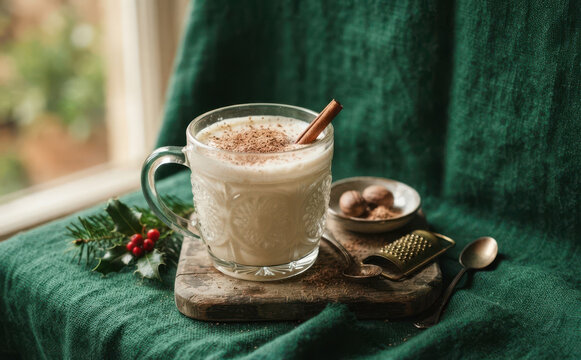Festive homemade eggnog in a glass mug with a cinnamon stick, nutmeg, and holly berries on a cozy green background, perfect for winter holiday greeting cards and seasonal food design