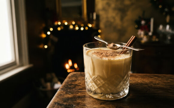 Festive eggnog cocktail in a glass tumbler with cinnamon sticks and nutmeg on a wooden table with warm fireplace background for winter holiday concepts