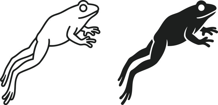 Black and white jumping frog icons in line art and silhouette style