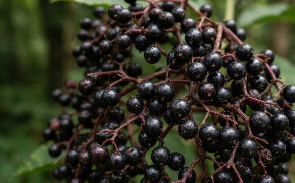Fresh black elderberry clusters hanging on a branch in the forest, ripe wild elder berries ready for harvesting and making herbal medicine or natural remedies