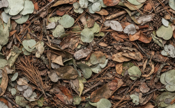 Forest floor background texture with dry leaves pine needles and twigs for natural autumn designs