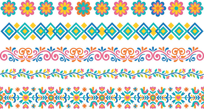 Colorful folk art seamless borders set with ethnic floral patterns geometric ribbons embroidery scroll ribbons and traditional birds vector illustration