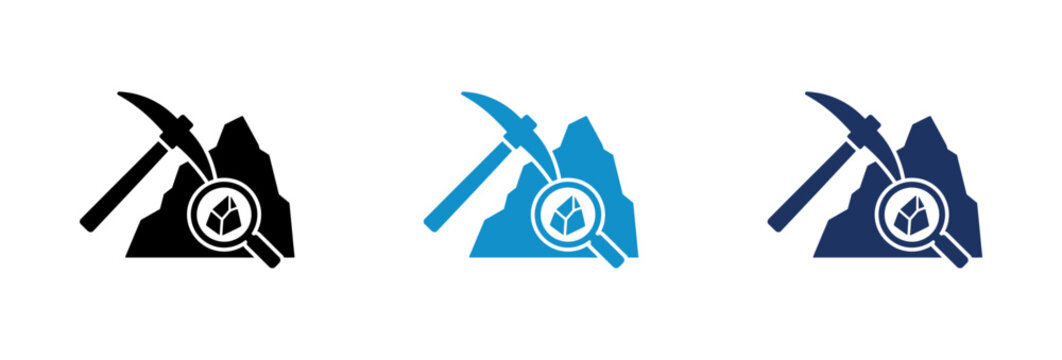 Mining and geology exploration icons featuring pickaxe mountain and magnifying glass symbols.