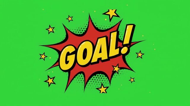 Retro 8-bit pixel art "GOAL" text animation with explosion, light rays, stars, and sparkle effects on green screen background #00FF00. Perfect for soccer, football, sports highlights, gaming, esports,