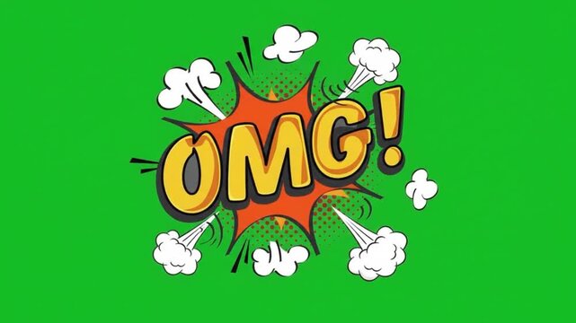Pop art comic style "OMG!" text animation with orange explosion, smoke clouds, and halftone effects on green screen background #00FF00. Perfect for reaction videos, memes, gaming, vlogs, and funny con