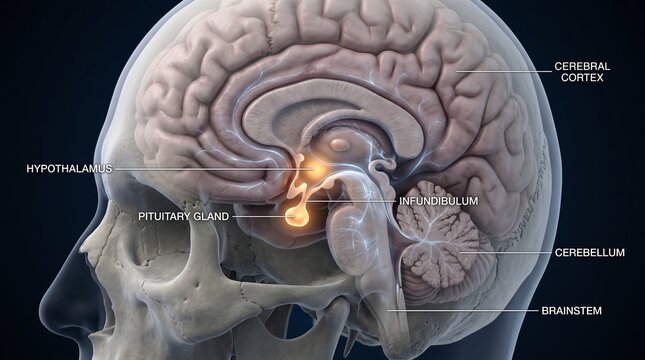 Pituitary Gland Anatomy Highlighted in Human Brain Showing Hypothalamus Connection and Endocrine System Structure