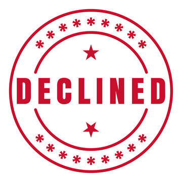 Red circular seal badge with asterisk ring, dual stars, curved arcs and bold DECLINED text isolated on transparent background