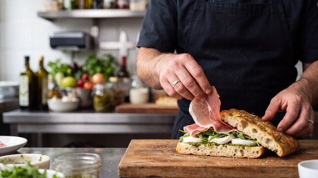 Chef preparing a delicious Italian sandwich with prosciutto mozzarella and pesto on focaccia bread for National Sandwich Day
