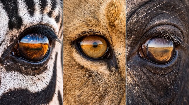 Extreme macro triptych photo showing detailed reflection of African savanna landscape inside the eyes of zebra, lioness, and elephant, highlighting wild animal vision, biodiversity, safari wildlife co