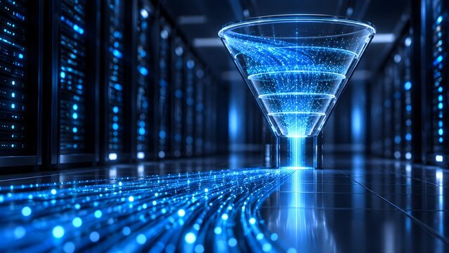 Transparent funnel concentrating glowing blue fiber optic light streams in a dark data center symbolizing big data processing and network speed