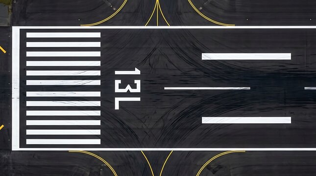 Airport runway threshold with 13 l marking and white striped landing zone on dark asphalt surface