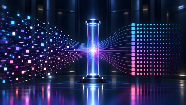 Futuristic glass cylinder core processing messy digital data particles into a structured grid representing advanced computing and information filtering
