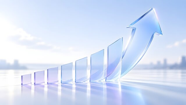 Transparent glass bar chart with an upward arrow on a reflective desk against a bright sky symbolizing clear business growth and success