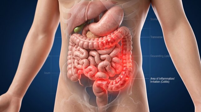 Colitis Anatomy Illustration Showing Inflamed Human Large Intestine with Medical Labels for Digestive Health Research