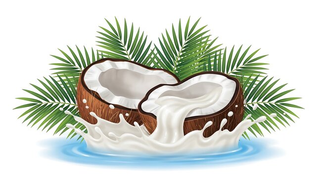 Coconut halves with fresh white flesh surrounded by palm leaves and water