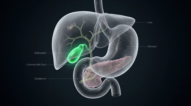 Gallbladder Anatomy Diagram Showing Human Internal Organs with Highlighted Bile System and Digestive Tract Context