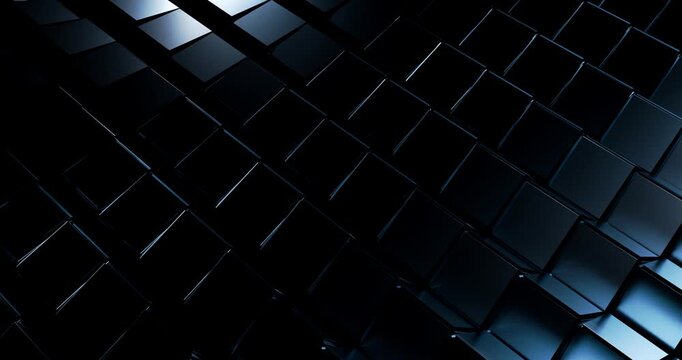 Camera tracking over abstract dark metallic cubes moving in wave pattern with bright light reflection