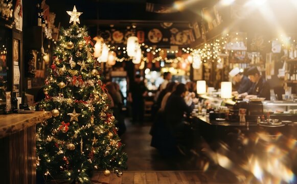 Festive Christmas tree inside a cozy Japanese restaurant sushi bar with warm holiday lights and bokeh