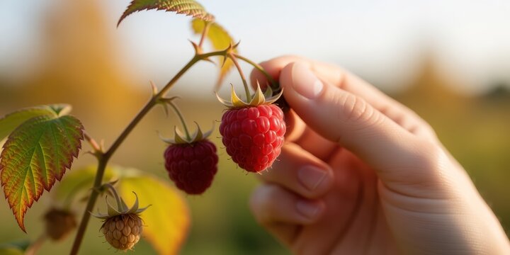Child picking fresh red raspberries in garden, sunny summer day harvesting organic fruit close up
