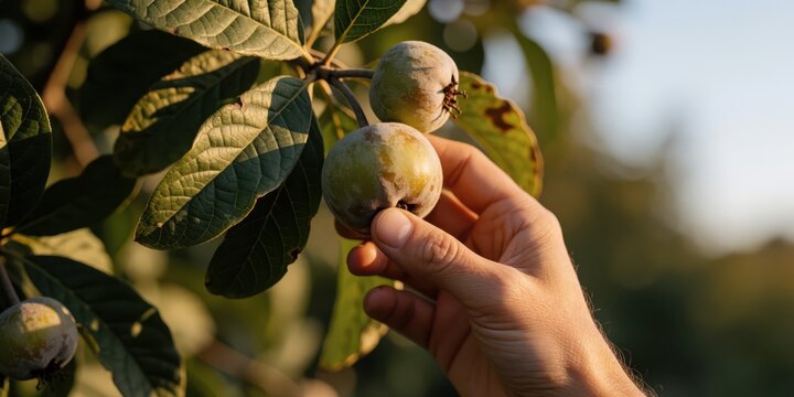A hand picking an unripe medlar fruit from a lush green tree branch in a sunlit orchard, representing autumn harvest and organic farming