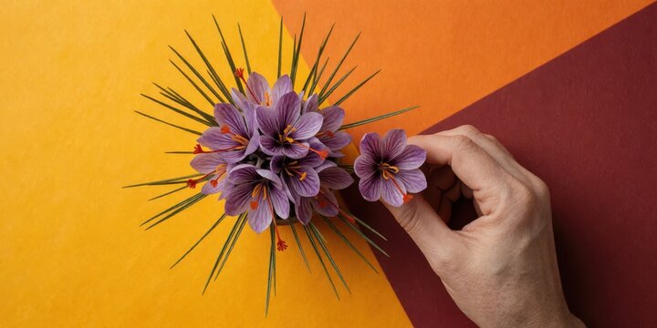 Saffron flowers arrangement with hand on colorful background representing spice harvesting and gourmet cooking concepts
