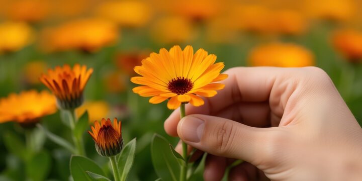 A hand gently picking a vibrant orange calendula flower in a blooming garden symbolizing nature care and herbal medicine