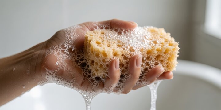 Woman holding a wet soapy sponge with rich foam lather for cleaning and personal hygiene in a bathroom setting