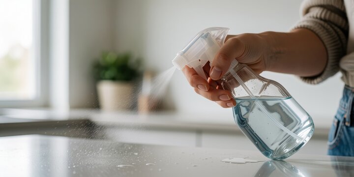Woman spraying disinfectant cleaner onto kitchen countertop for hygiene and sanitization