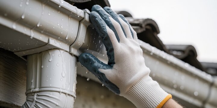 Gloved hand checking and cleaning house rain gutter during maintenance work outdoor
