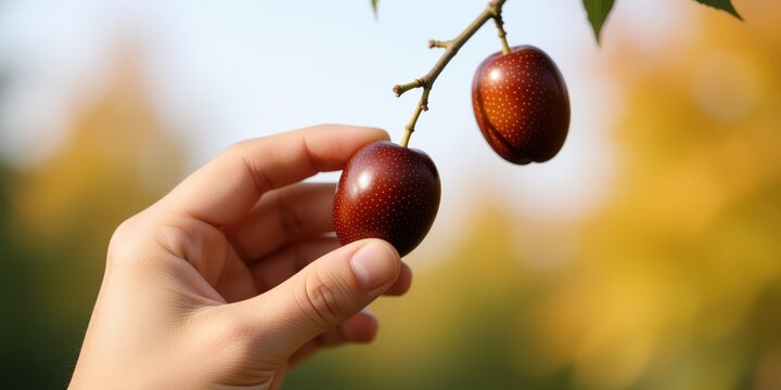 Close up of a hand picking fresh ripe red jujube fruit from tree branch in autumn harvest