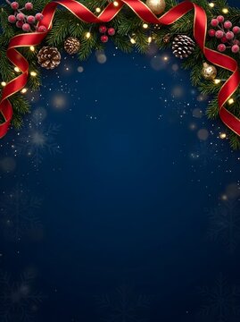 Portrait orientation Christmas background with pine branches, red silk ribbon, pinecones, and glowing fairy lights bordering a deep blue magical backdrop.