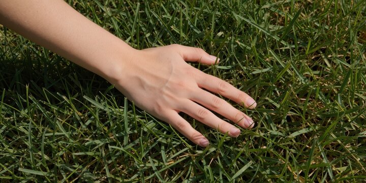 Young Caucasian woman touching fresh green grass in a sunny park symbolizing nature connection, relaxation, and outdoor sensory experience