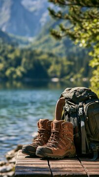 a pair of rugged brown hiking boots resting on a wooden dock beside a calm lake. The boots have a thick sole and laces, and a large.