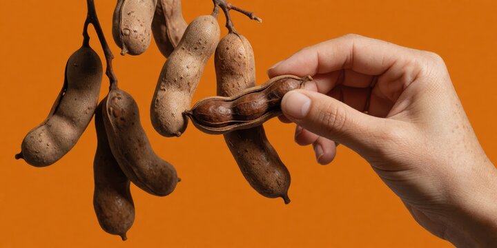 Fresh ripe tamarind pods hanging on branches being peeled by hand showcasing sweet and sour tropical fruit flavor