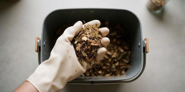 Gloved hand holding organic compost material above a kitchen composter bucket for sustainable home gardening and zero waste living concept