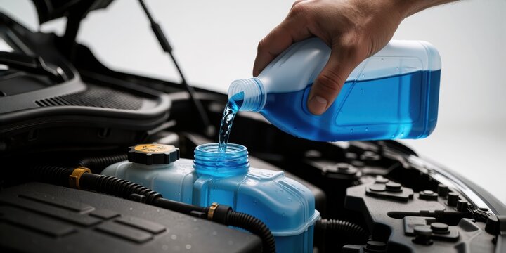 Person pouring blue windshield washer fluid into the reservoir of a car engine compartment for maintenance and repair