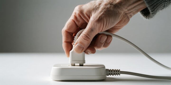 Elderly man unplugging a power cable from an electrical socket on a white surface representing energy conservation and safety