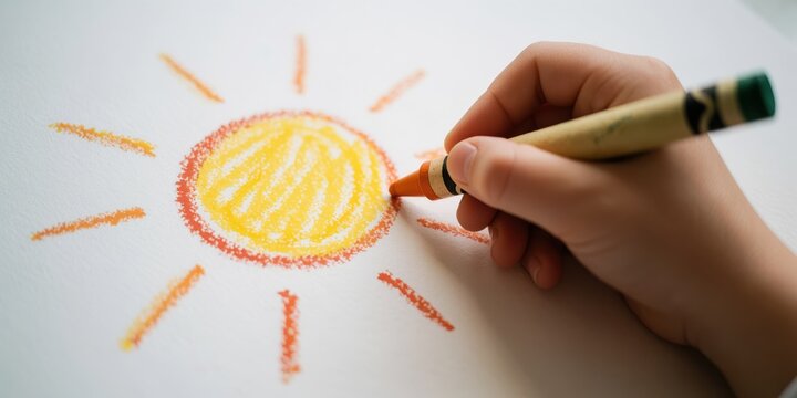 Close up of a childs hand drawing a bright yellow and orange sun with a wax crayon on white paper representing childhood creativity and imagination
