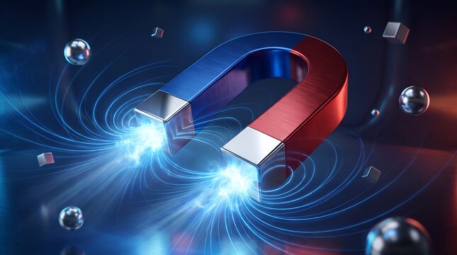Conceptual illustration of a horseshoe magnet with glowing magnetic field lines