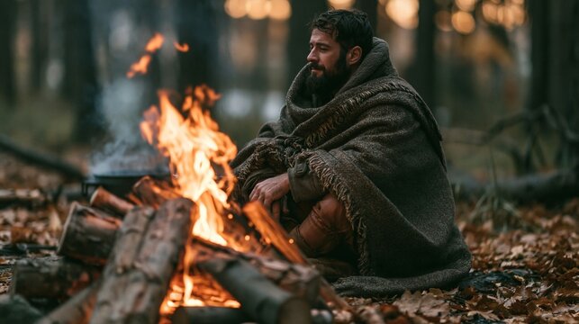a man seated by a campfire in a forest. He wears a thick, textured blanket wrapped around his body, and his contemplative gaze is directed away from the camera. The fire is burning brightly.