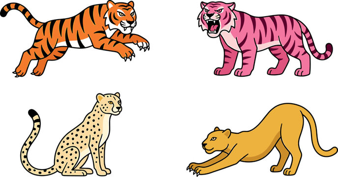 Wild big cats collection set with jumping tiger roaring pink tiger sitting cheetah and stretching lioness isolated cartoon vector illustration