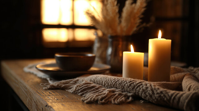 A warm and inviting scene with two lit pillar candles on a rustic wooden table, creating a cozy ambiance. A bowl and plate are set, ready for a meal, with pampas grass in a vase adding a natural.